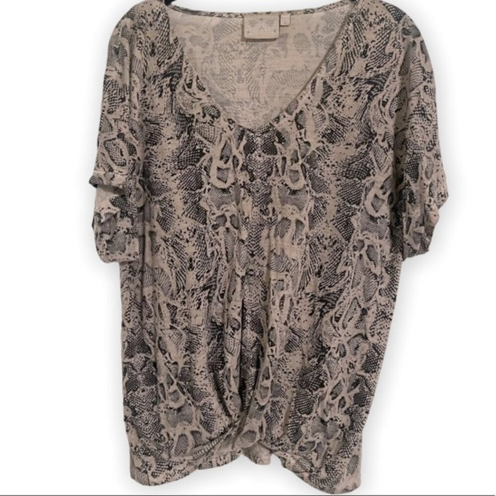 Moon Snake Print V-Neck Twist Front Knot Short Sleeve Top